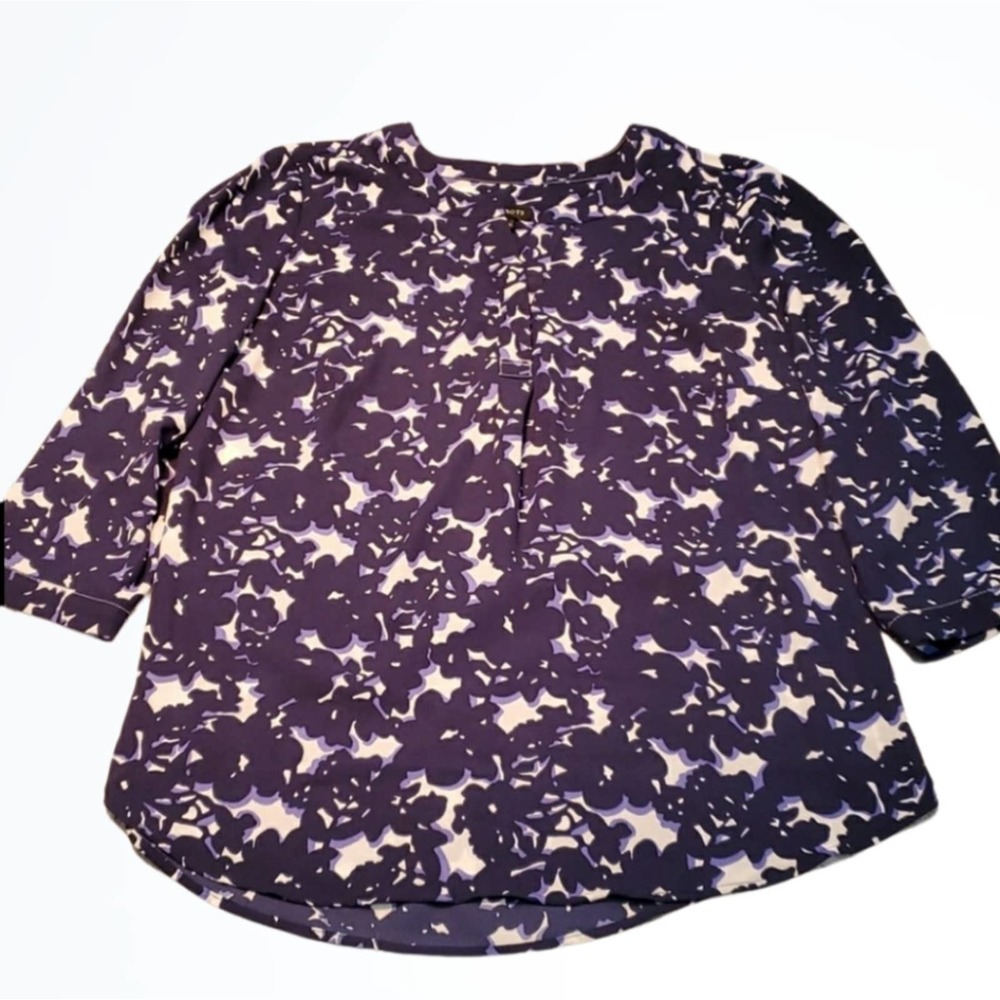 Talbots Blue White 3/4 Sleeve V Neck Floral Print Blouse Size S Bust 38 Inches